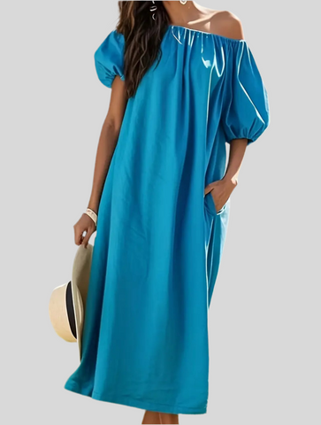 VESTIDO AMPLIO ESCOTE HOMBROS 3 CLRS