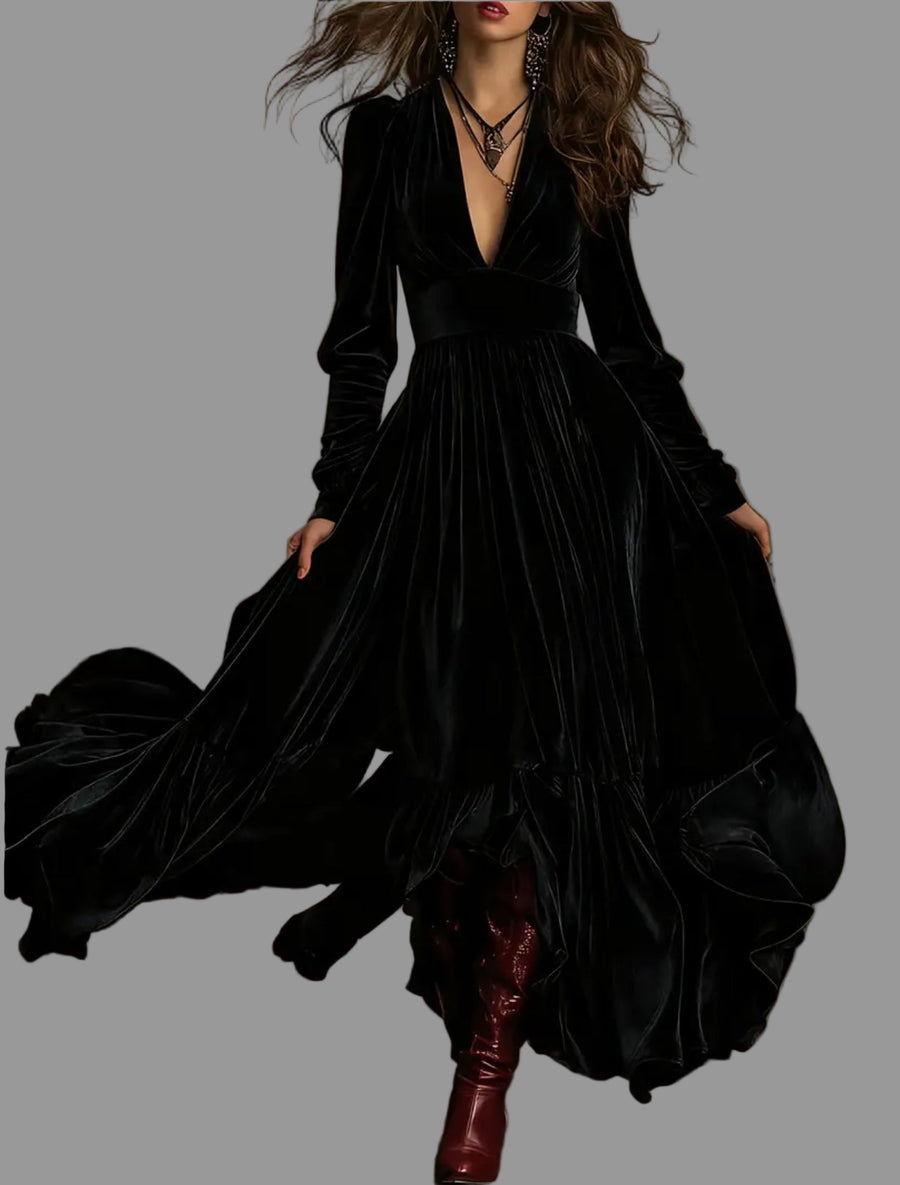 VESTIDO LARGO DE TERCIOPELO PANELADO 6 CLRS