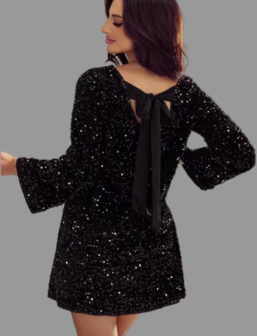 VESTIDO DE LENTEJUELA CON LAZO TRASERO