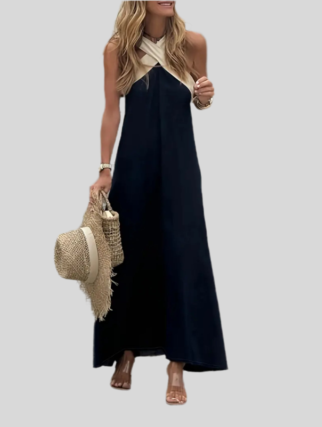 VESTIDO MIDI CON ESCOTE EN CONTRASTE