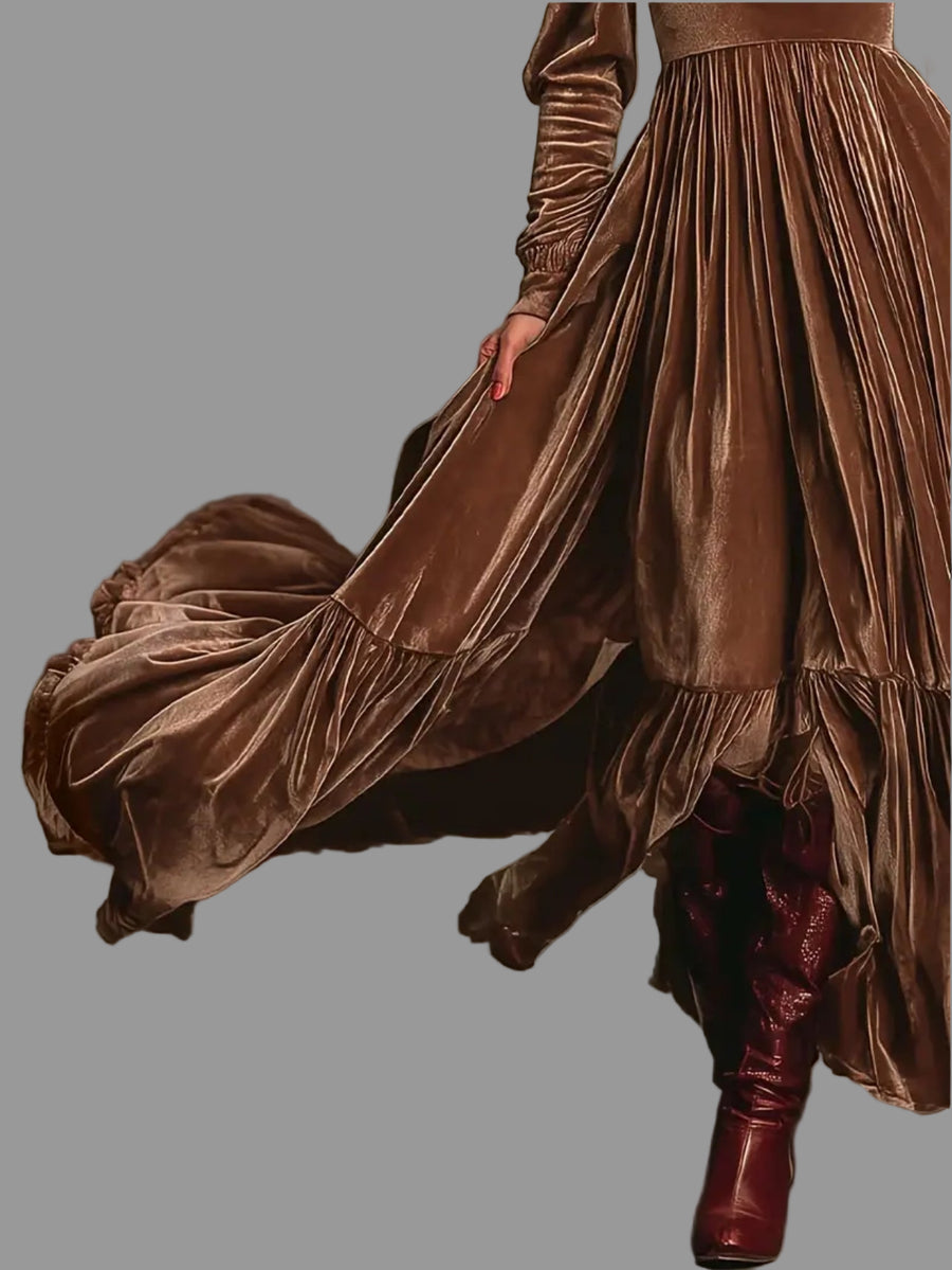 VESTIDO LARGO DE TERCIOPELO PANELADO 6 CLRS