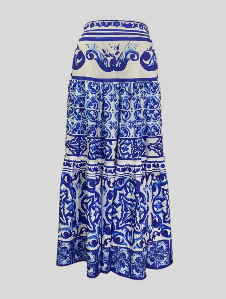 FALDA LARGA FRUNCIDA ESTAMPADO AZULES
