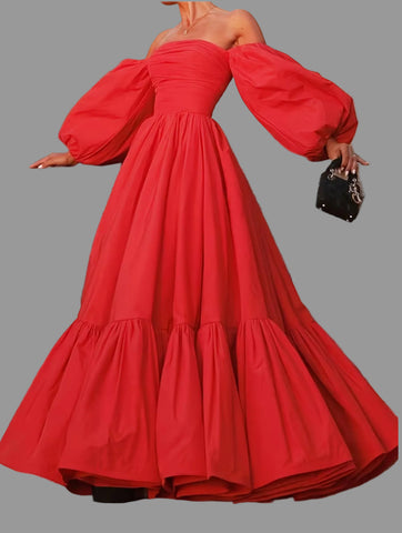 VESTIDO ROJO MANGAS ABULLONADAS