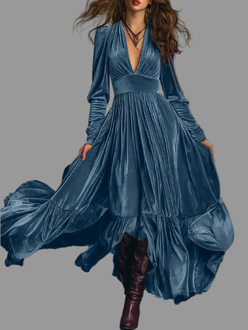 VESTIDO LARGO DE TERCIOPELO PANELADO 6 CLRS