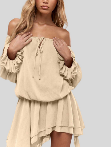 VESTIDO MINI ESTILO BOHO SIN HOMBROS