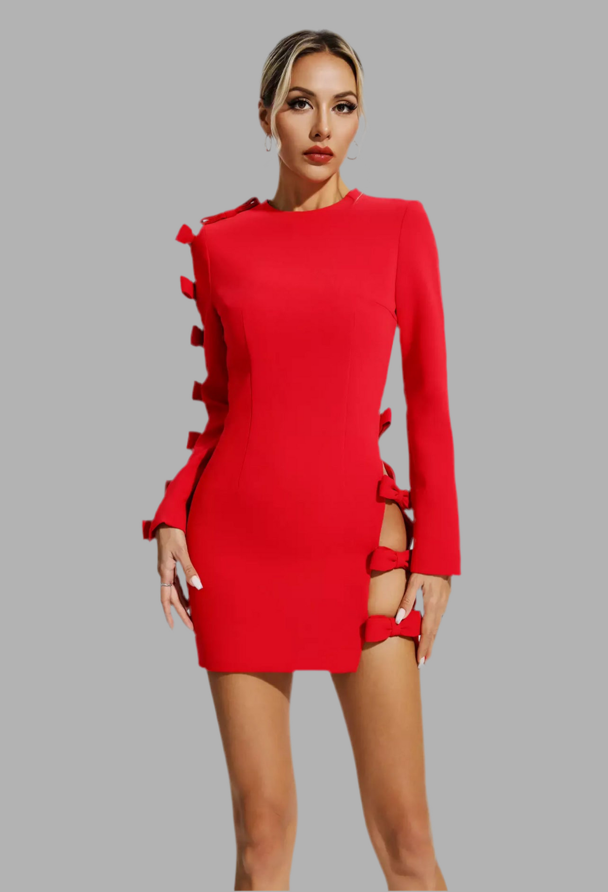 VESTIDO CEREMONIA LAZOS LATERALES MANGA LARGA