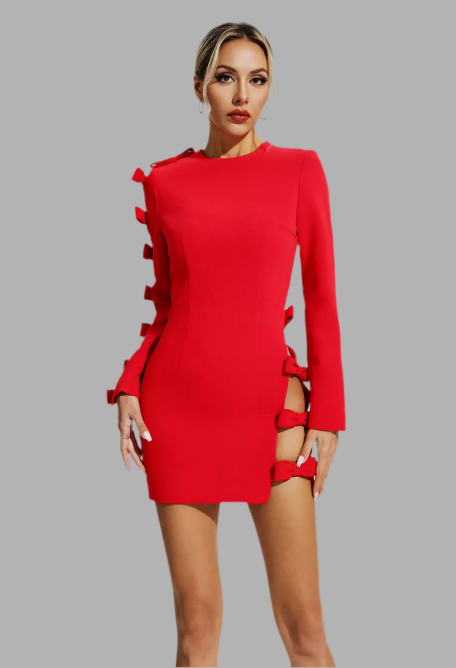 VESTIDO CEREMONIA LAZOS LATERALES MANGA LARGA