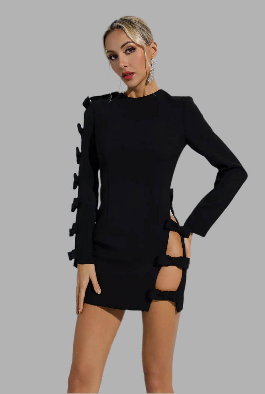 VESTIDO CEREMONIA LAZOS LATERALES MANGA LARGA