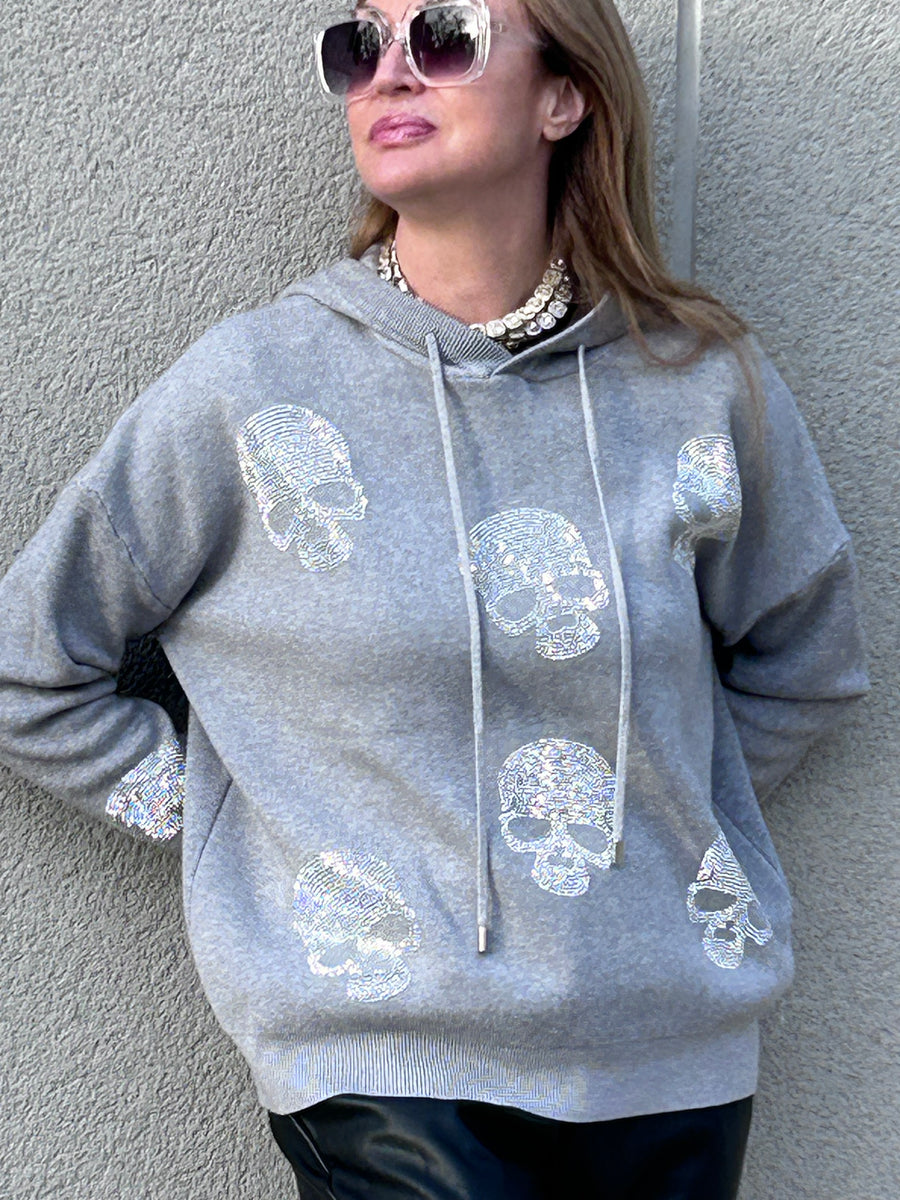 Soft knit and rhinestone hooded sweater