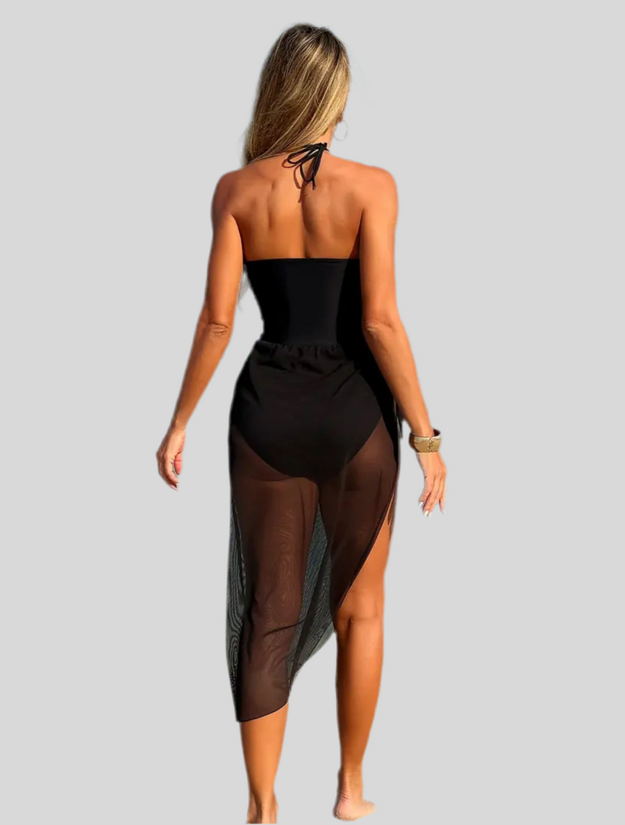 TRAJE DE BAÑO CON FLOR Y PAREO
