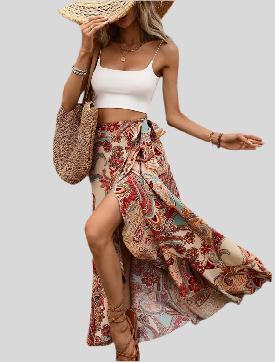 FALDA ATADA CON VOLANTE EST PAISLEY