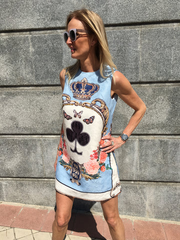 Cretonne-Kleid mit Kristallen und Aufdruck LIMITED EDITION