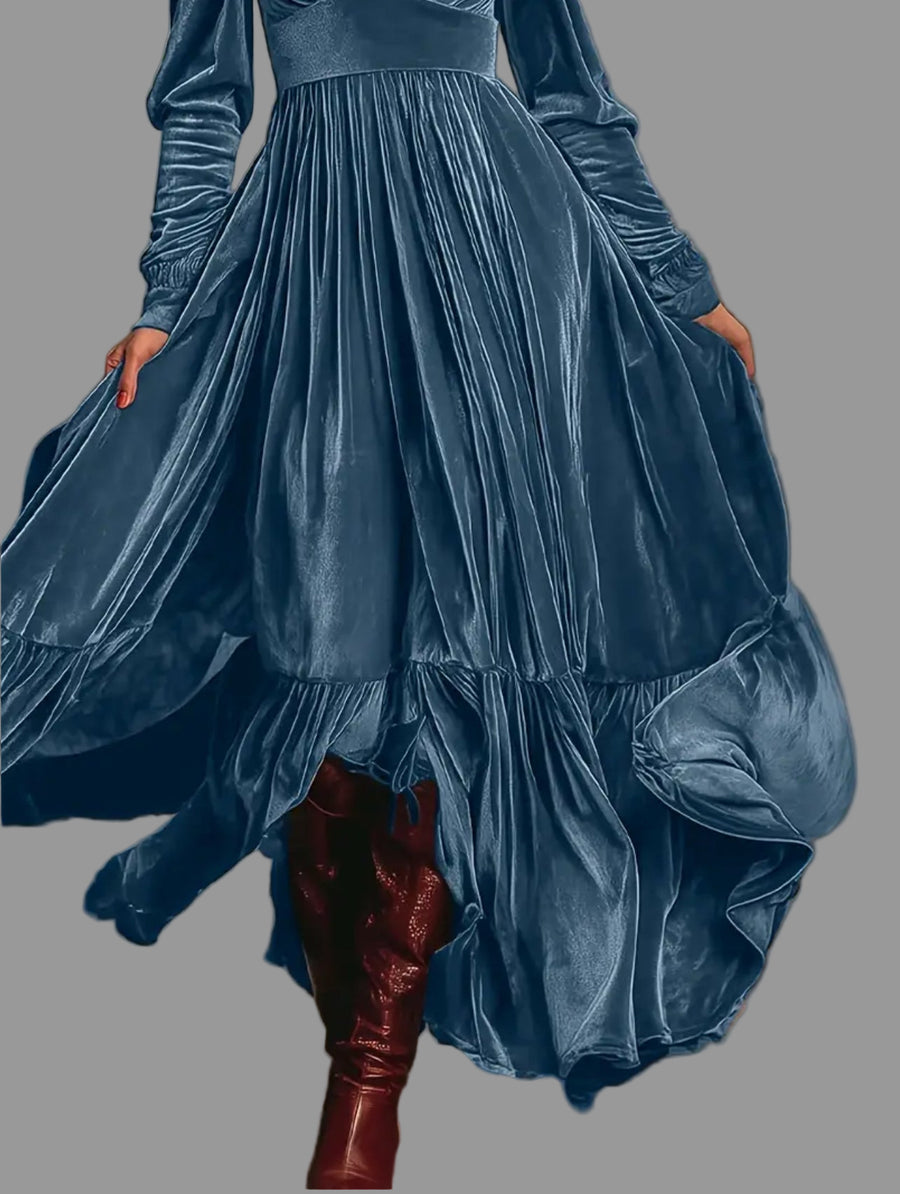 VESTIDO LARGO DE TERCIOPELO PANELADO 6 CLRS