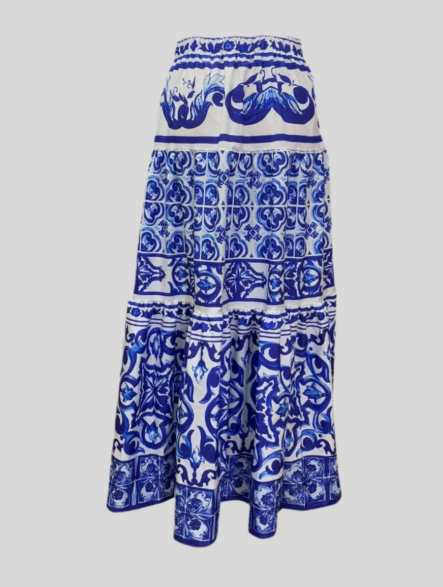 FALDA LARGA FRUNCIDA ESTAMPADO AZULES