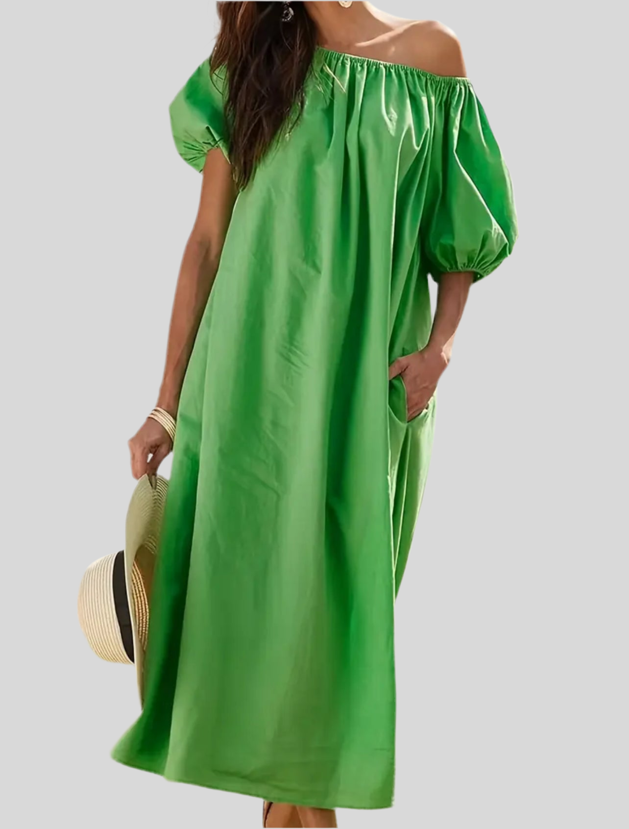 VESTIDO AMPLIO ESCOTE HOMBROS 3 CLRS