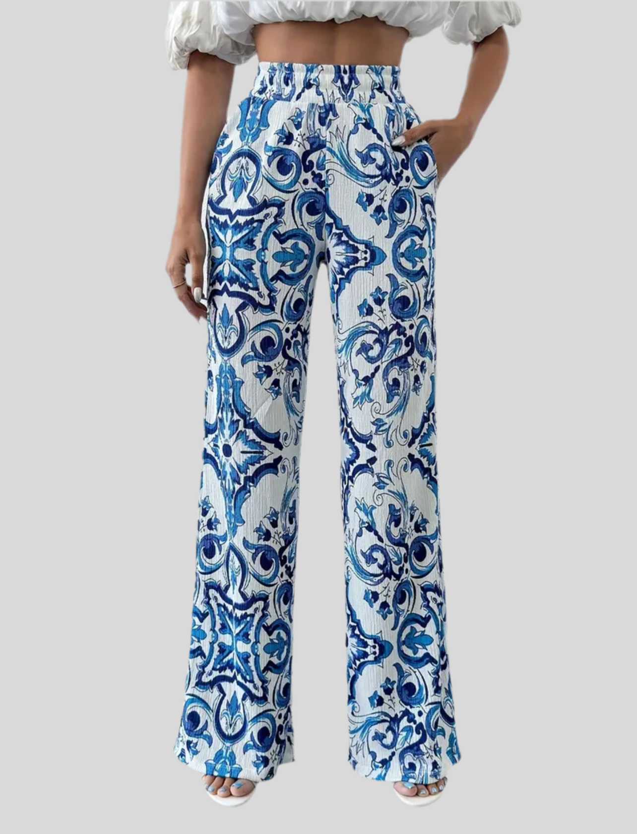 PANTALÓN ESTAMPADO EN AZULES CINTURA ELÁSTICA