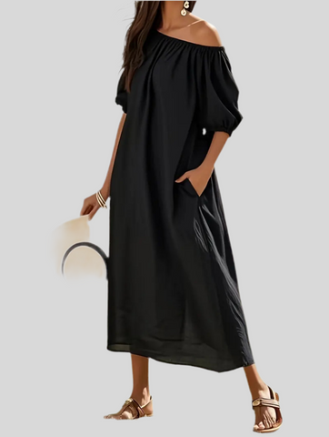 VESTIDO AMPLIO ESCOTE HOMBROS 3 CLRS