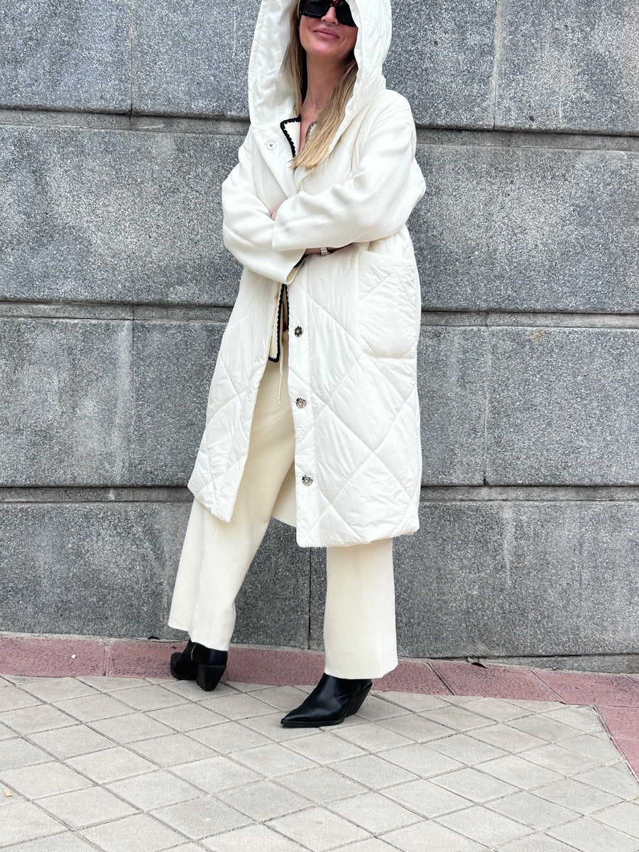 Superlight nylon and knit hooded coat