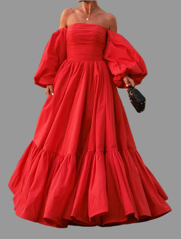 VESTIDO ROJO MANGAS ABULLONADAS