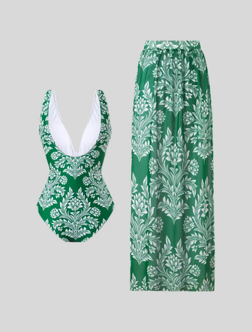 CONJUNTO TRAJE DE BAÑO Y FALDA ELÁSTICA