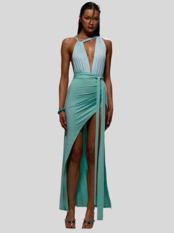 VESTIDO DE LYCRA ATADO EN DOS TONOS