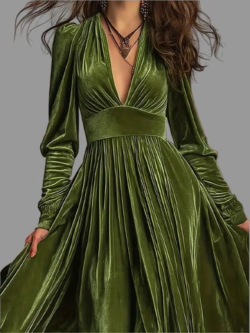 VESTIDO LARGO DE TERCIOPELO PANELADO 6 CLRS