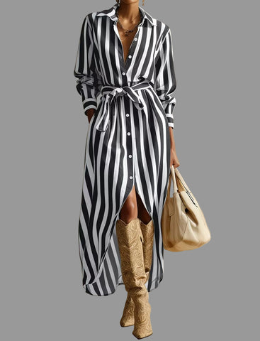 VESTIDO RAYAS ESTILO CAMISA CON CINTURÓN