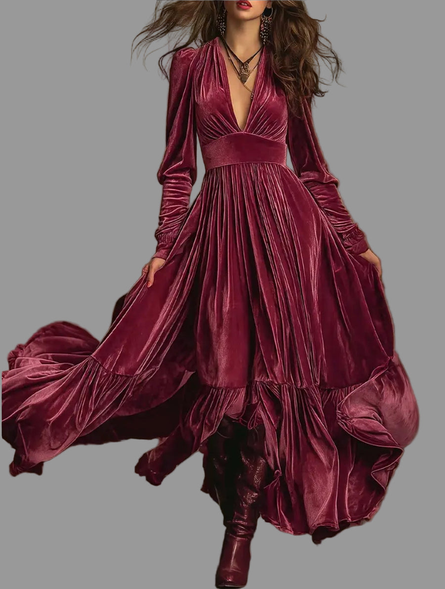 VESTIDO LARGO DE TERCIOPELO PANELADO 6 CLRS