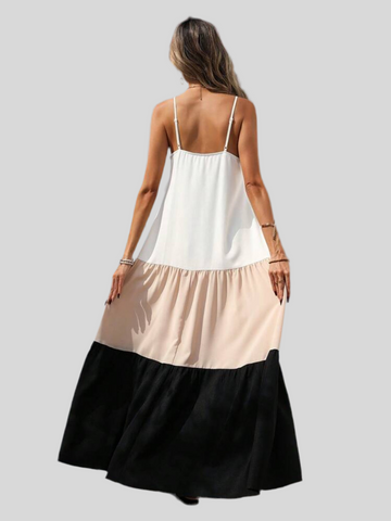 Long, three-color strapless dress
