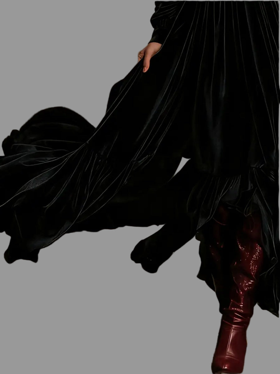 VESTIDO LARGO DE TERCIOPELO PANELADO 6 CLRS