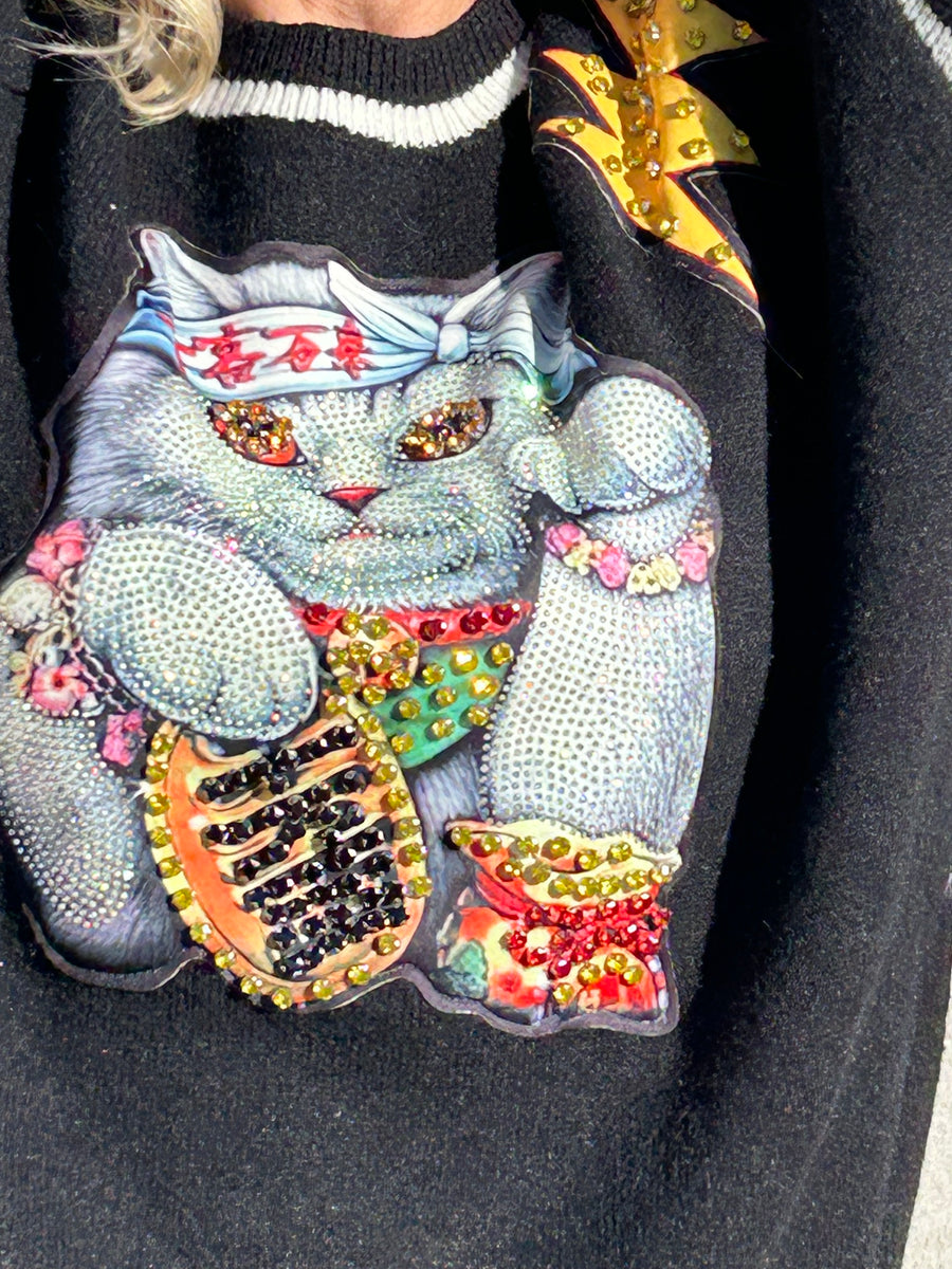 Soft knit jumper with rhinestone cat
