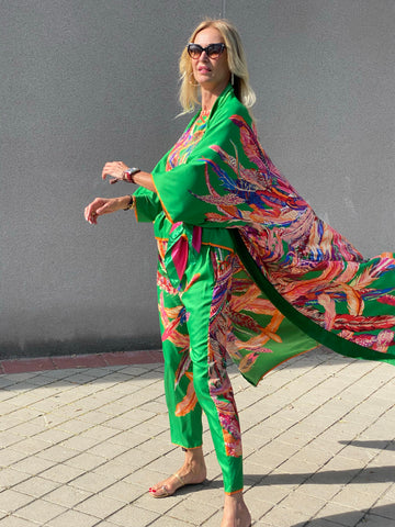 Kimono NEW YORK GREEN FEATHERS LIMITED EDITION The Thannac Silk Collection 