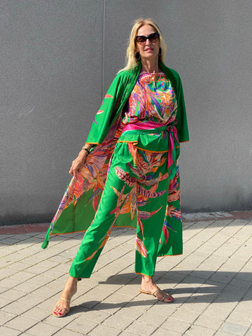 Kimono NEW YORK PLUMAS VERDE EDICIÓN LIMITADA The Thannac Silk Collection