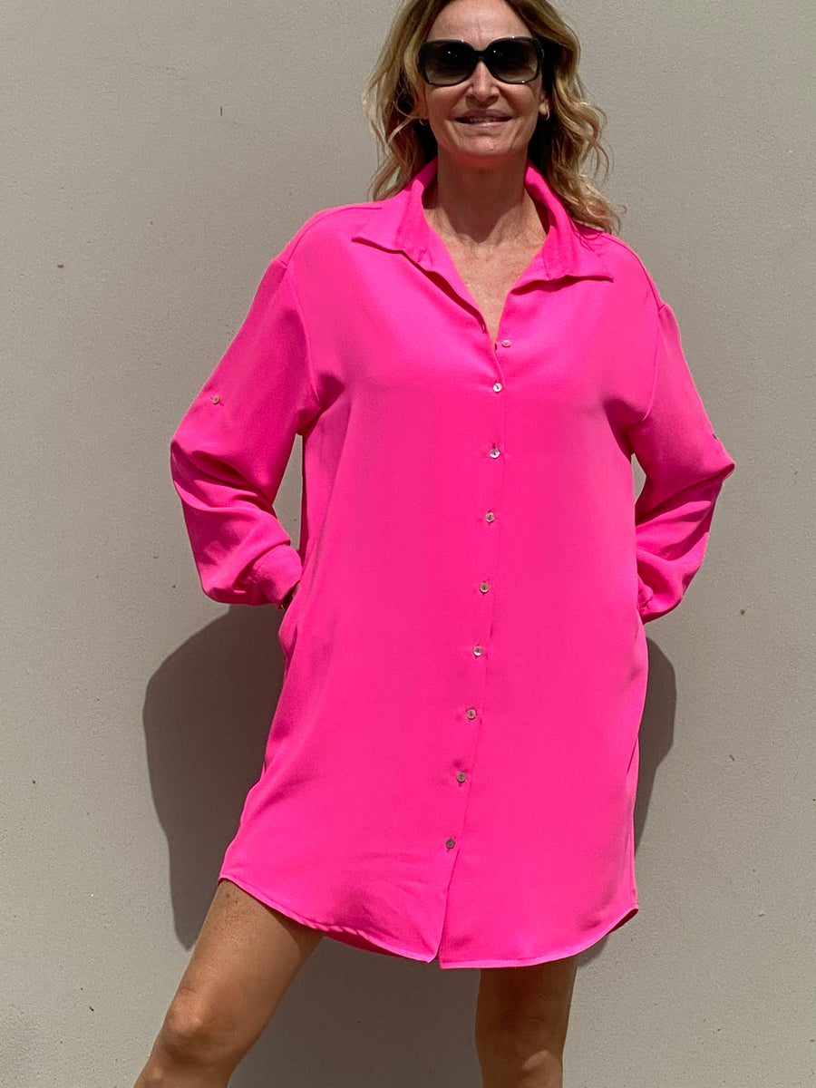 LIMA dress in fluor pink LIMITED EDITION smooth polyester fabric 