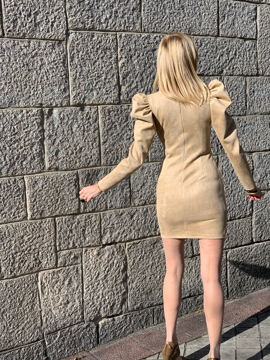 Suede dress with puffed sleeves
