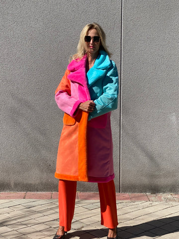 LIMITED EDITION belted faux fur tricolor reversible coat