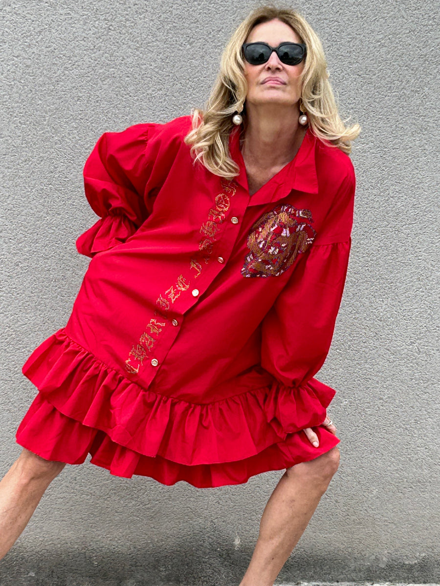 Vestido de tafetán oversize con volantes