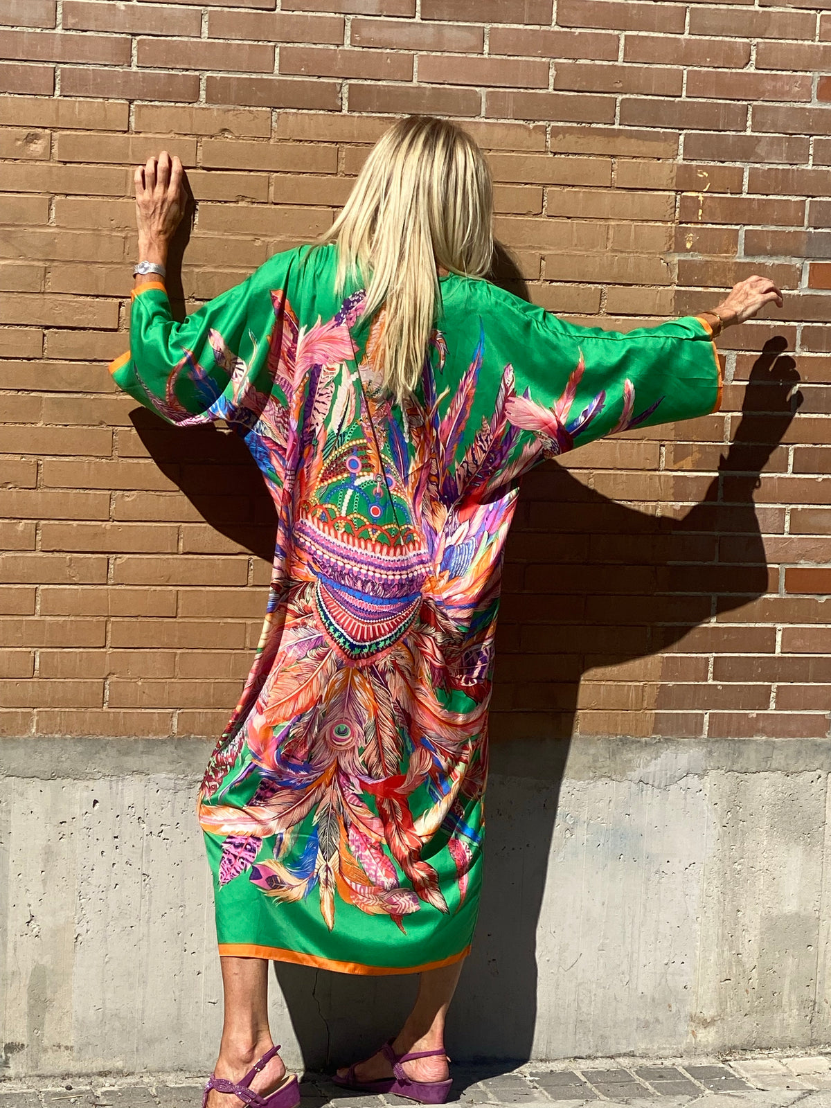 Kaftan BASH LIMITED EDITION GREEN FEATHERS The Thannac Silk Collection 