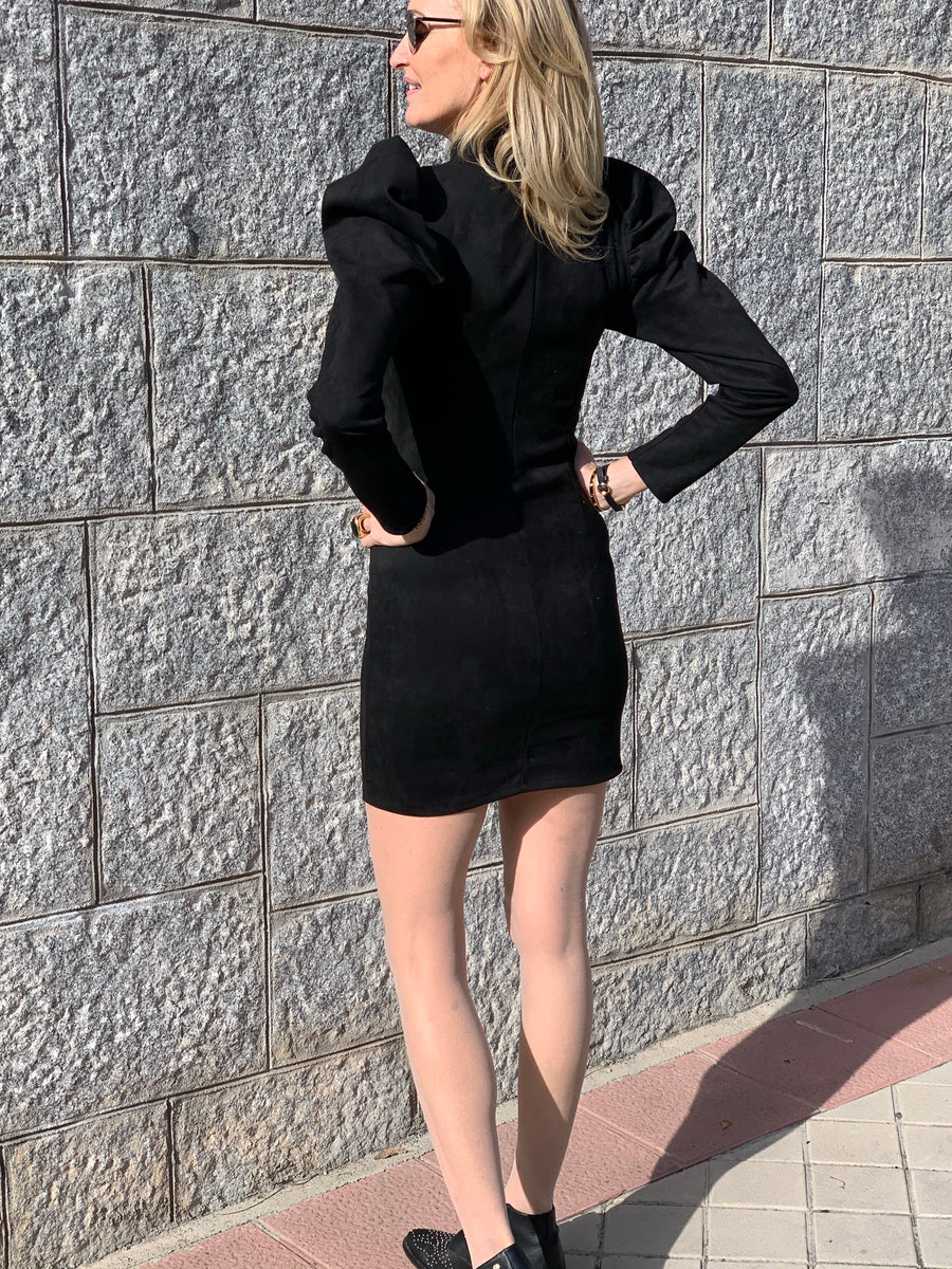 Suede dress with puffed sleeves