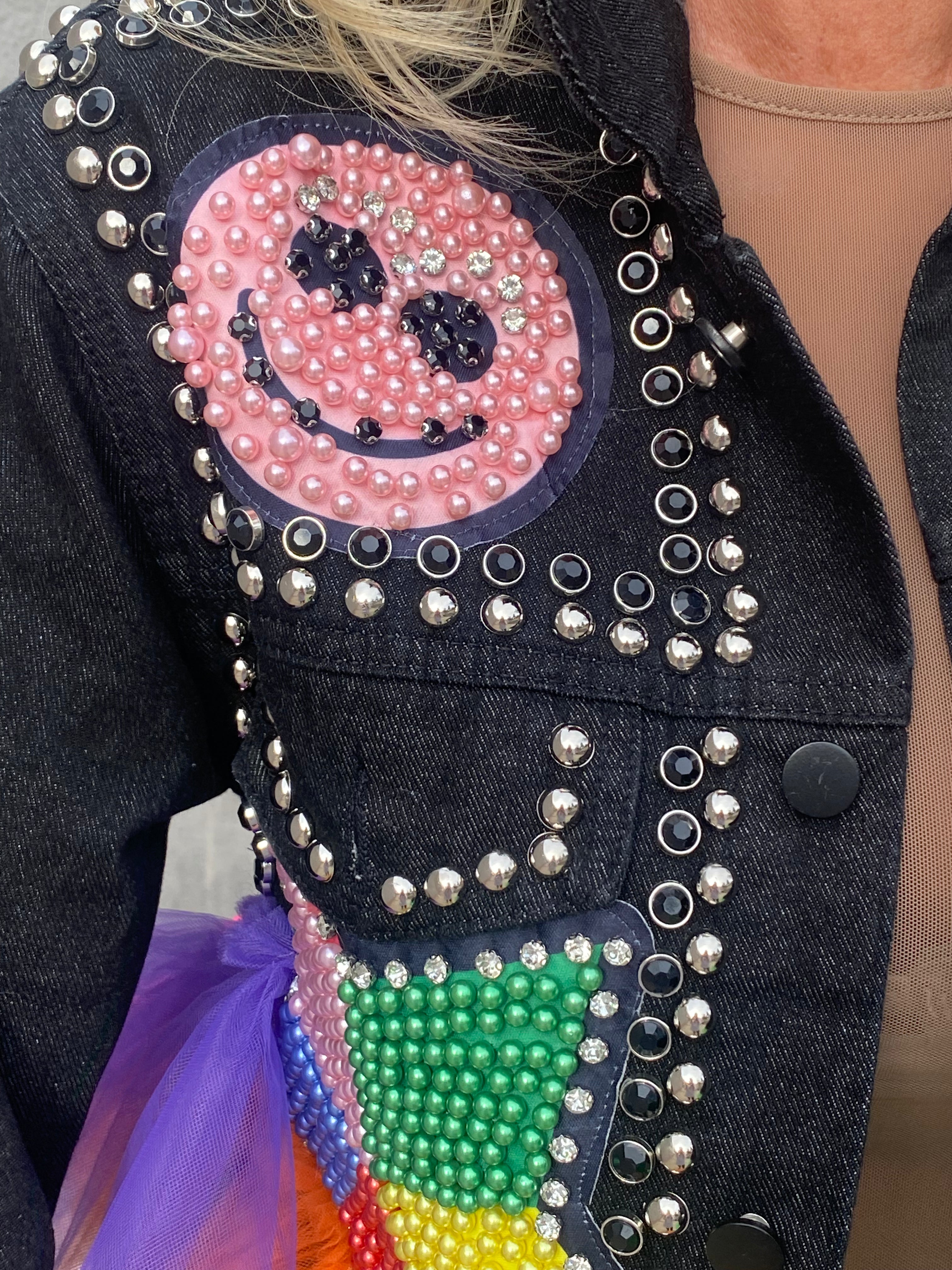 Short jacket with colored tulle and rhinestones