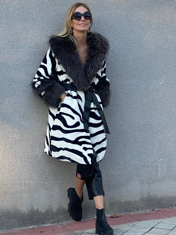 Zebra faux fur coat with large fur collar