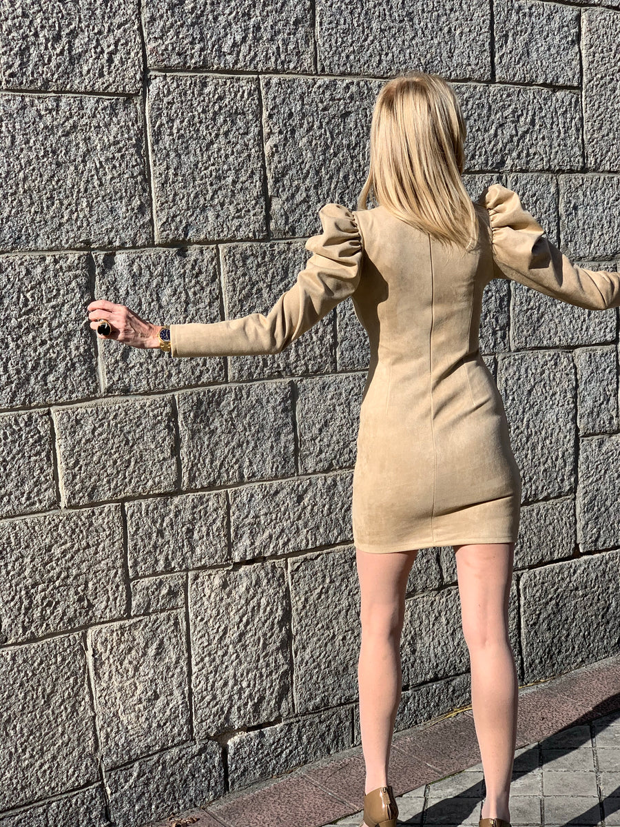 Suede dress with puffed sleeves