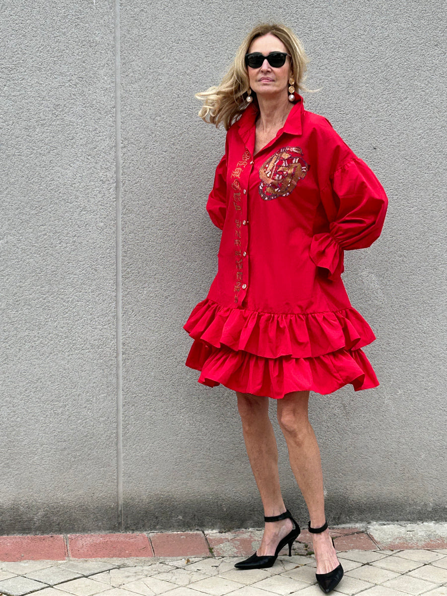 Vestido de tafetán oversize con volantes