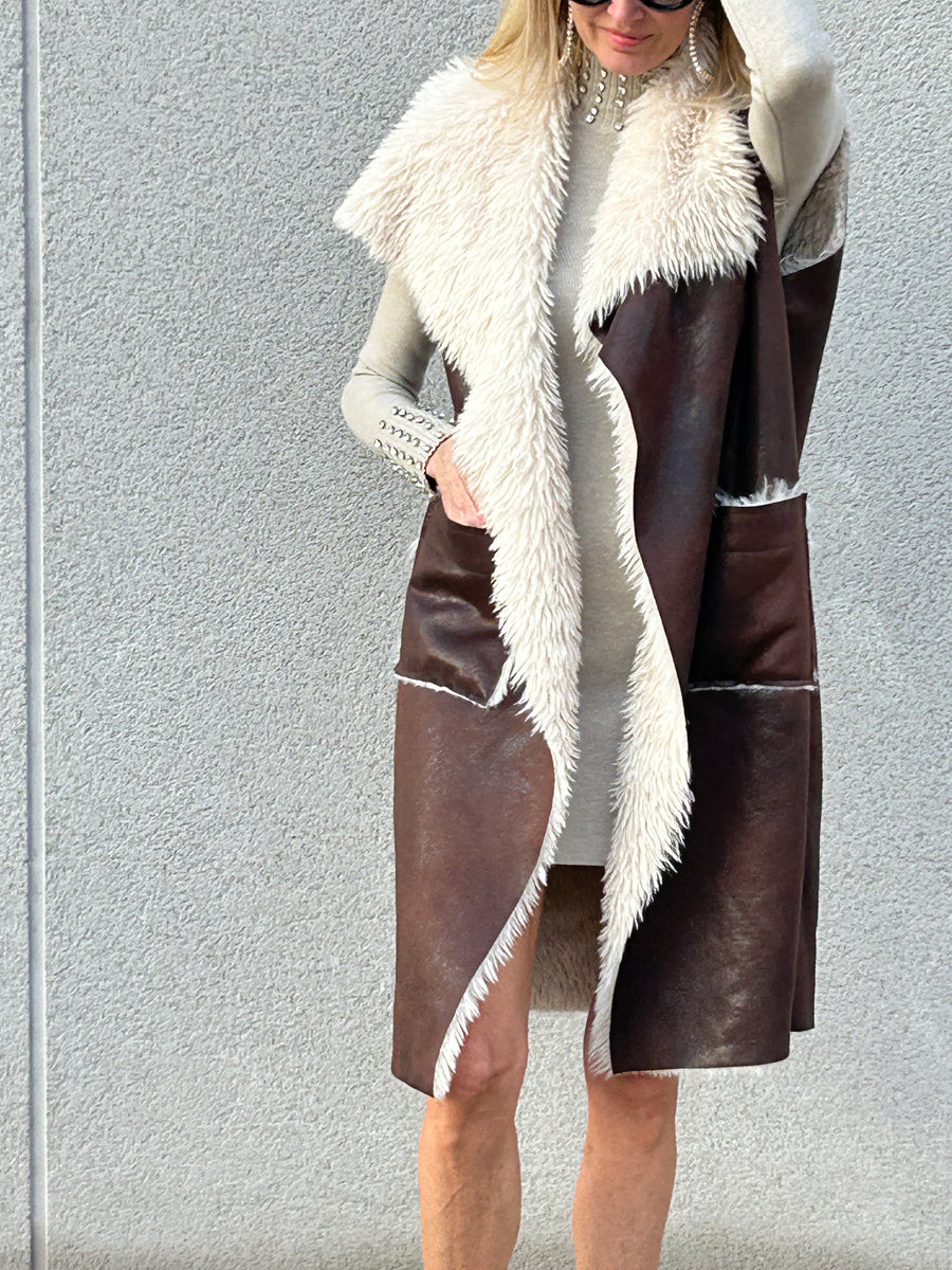 Reversible two-tone synthetic shearling vest